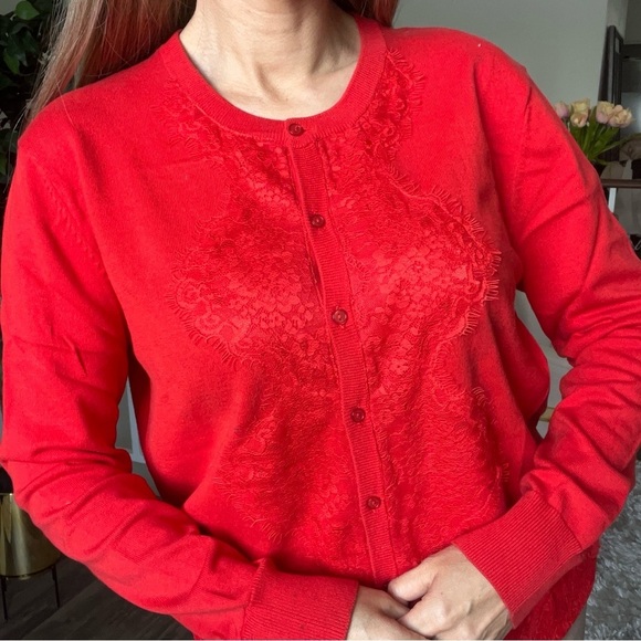 Marie Lund Vtg Red Long Sleeves Button Lace Knit Cardigan Sweater Holidays XL - Picture 5 of 14